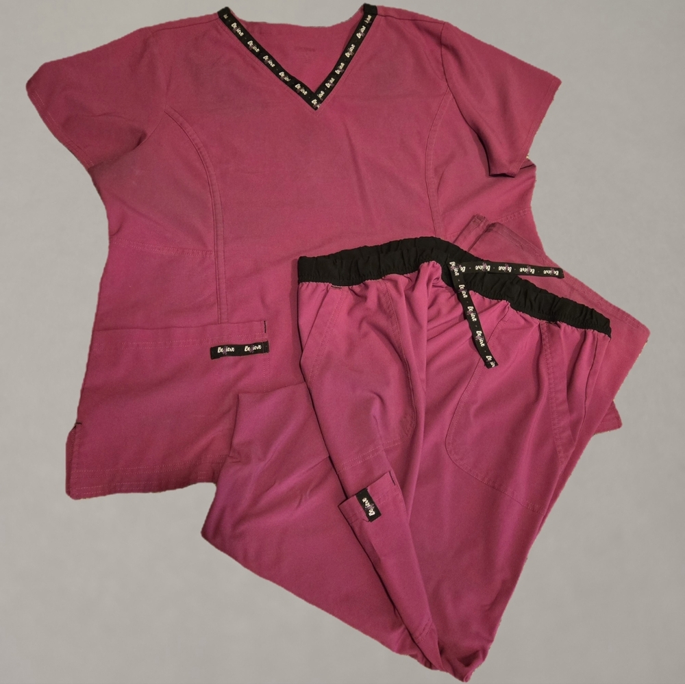 Pink "Believe" Breast Cancer Awareness Scrub Star Scrubs - 2XL Top and Pants Set